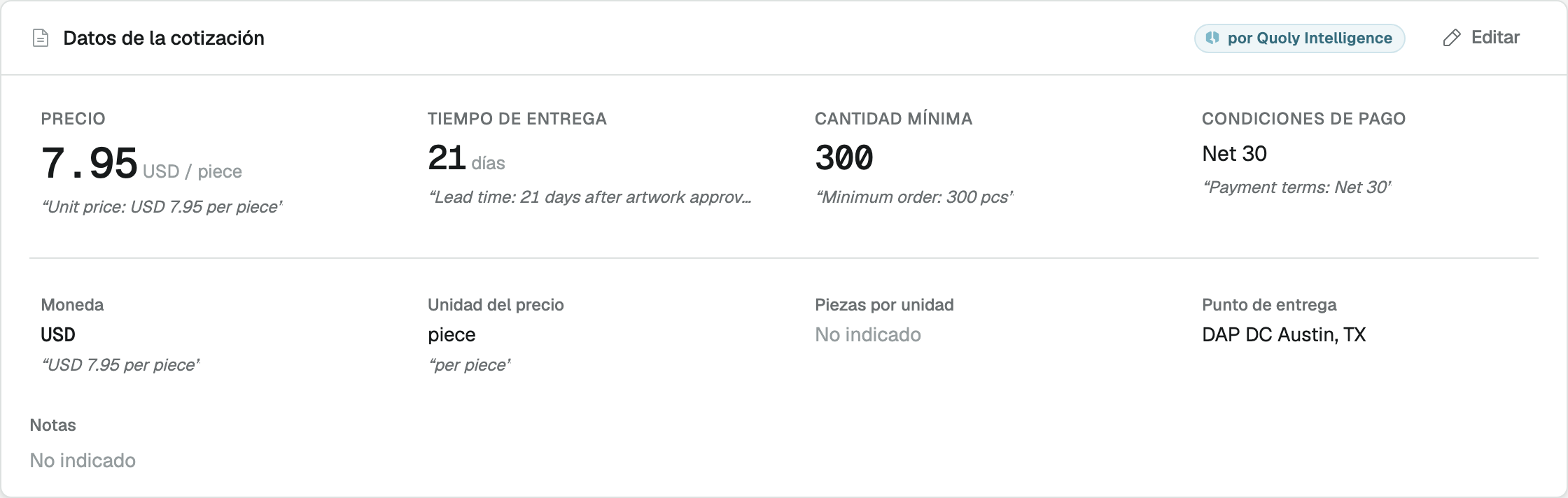 Detalles de cotización en Quoly: precio, plazo, MOQ y términos de pago, cada uno junto a las palabras originales del proveedor.